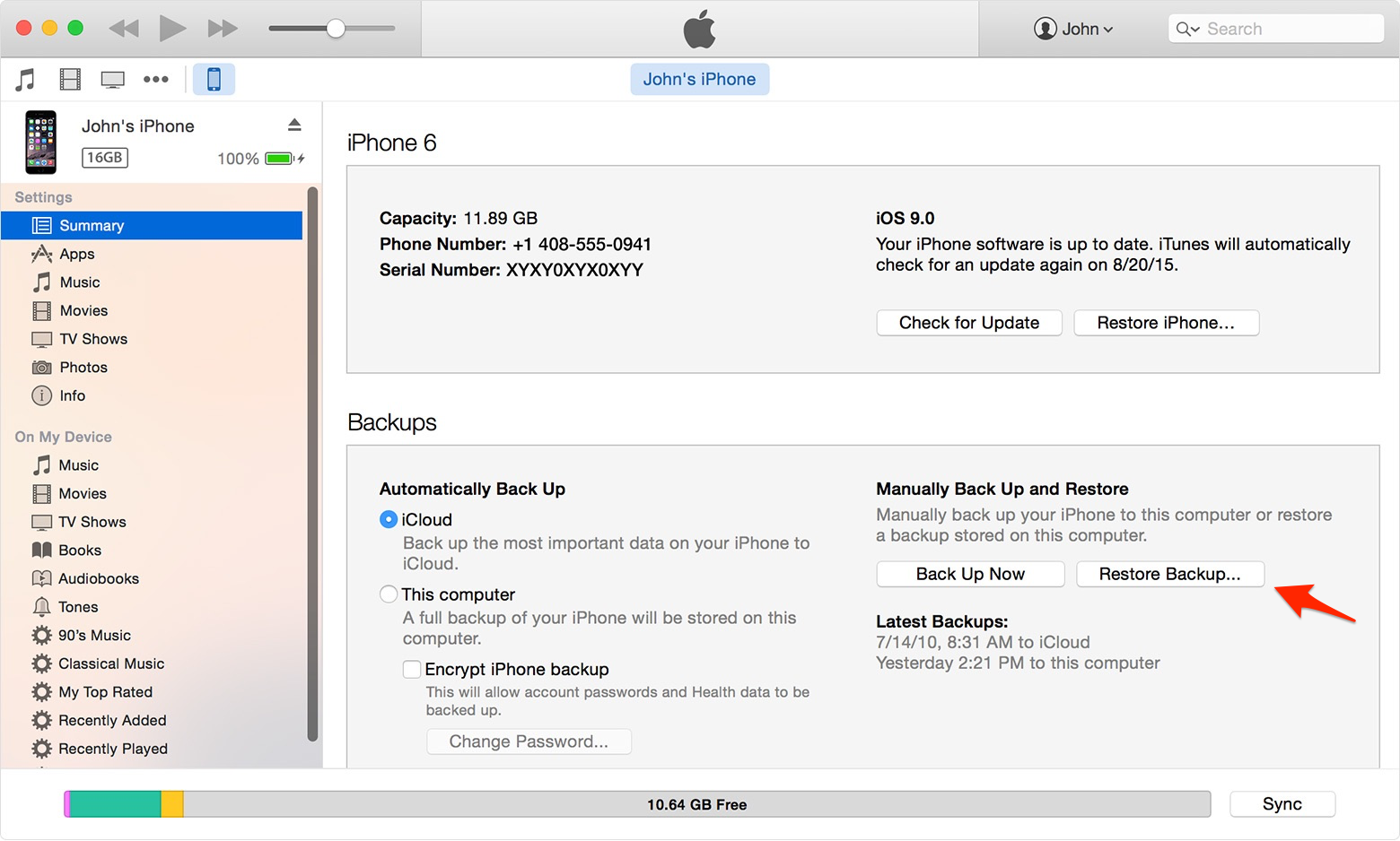 Điều cần biết trước khi nâng cấp hệ điều hành iOS 11 Nhấn nút Restore Backup để khôi phục dữ liệu của máy bằng file sao lưu.