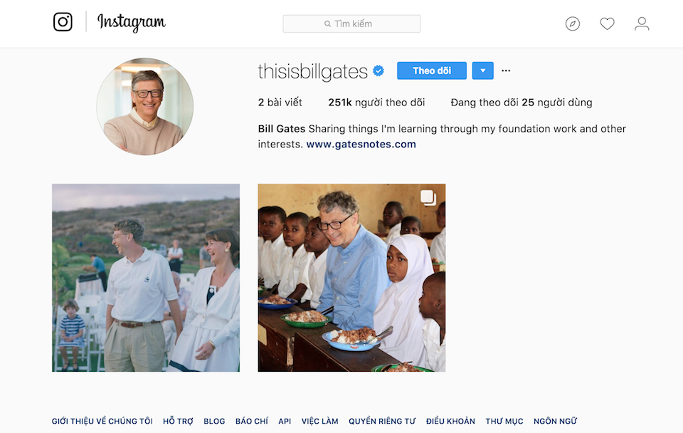 Tài khoản Instagram của Bill Gates sau 5 ngày Chỉ sau 5 ngày, số lượng người theo dõi Bill Gates trên Instagram đã đạt hơn 250.000 lượt người.