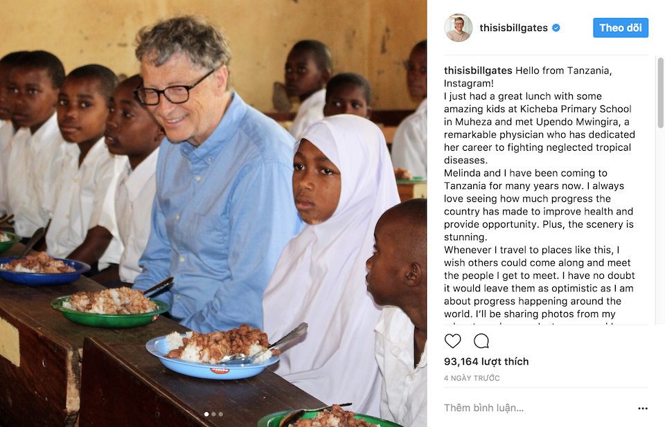 Tài khoản Instagram của Bill Gates sau 5 ngày Bức ảnh đầu tiên của Bill Gates trên Instagram là về chuyến đi đến quốc gia Tanzania.