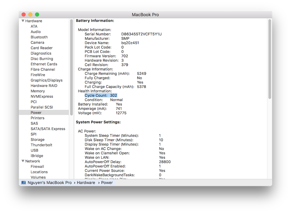 Để xem Cycle Count, bạn vào phần Power trong System Information