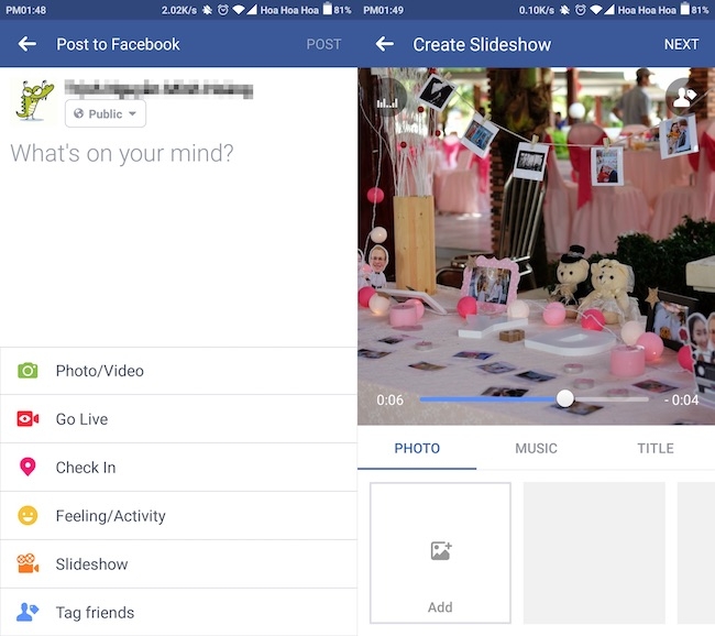 Cách tạo slideshow và đăng tin Facebook nhiều màu sắc