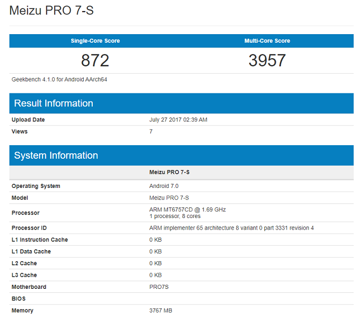 Meizu Pro 7 phiên bản Helio P25 lộ điểm GeekBench