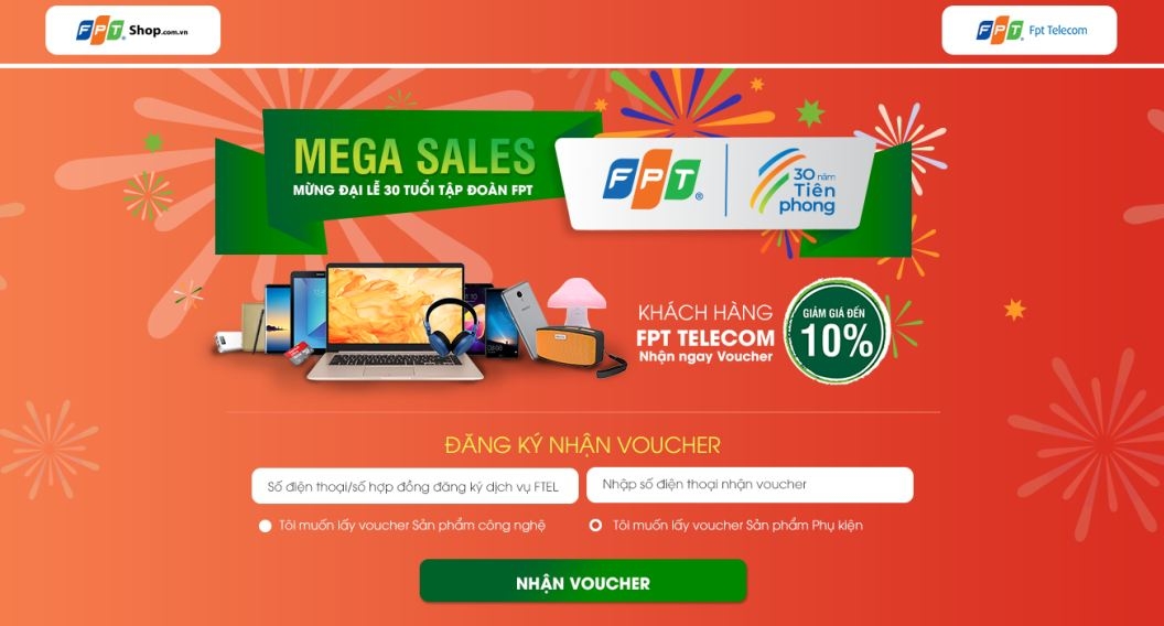 FPT Shop tặng voucher giảm sốc đến 10% khi sử dụng dịch vụ của FPT Telecom