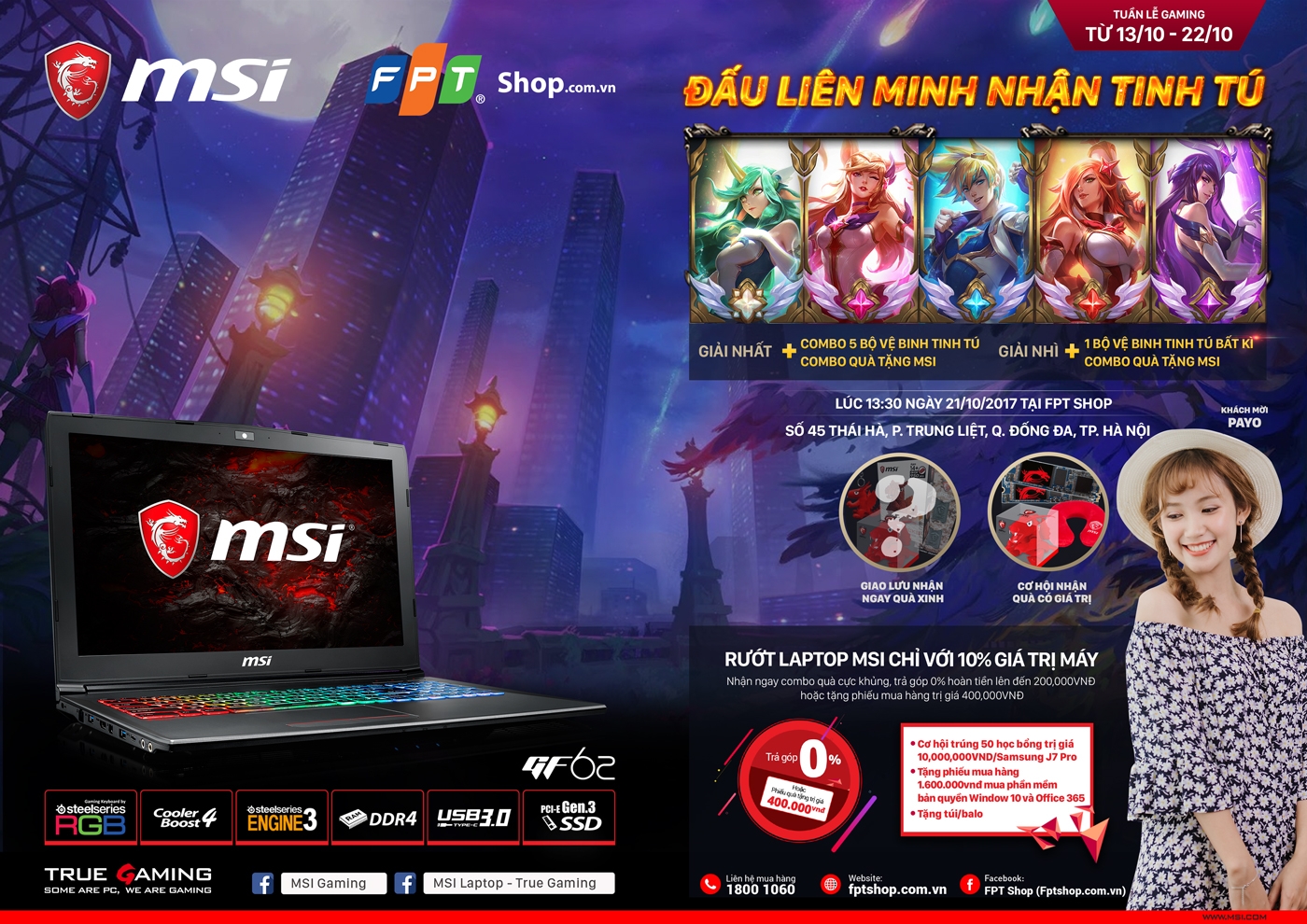Laptop MSI Đấu liên minh cùng MSI, nhận ổ cứng SSD Transcend tại FPT Shop