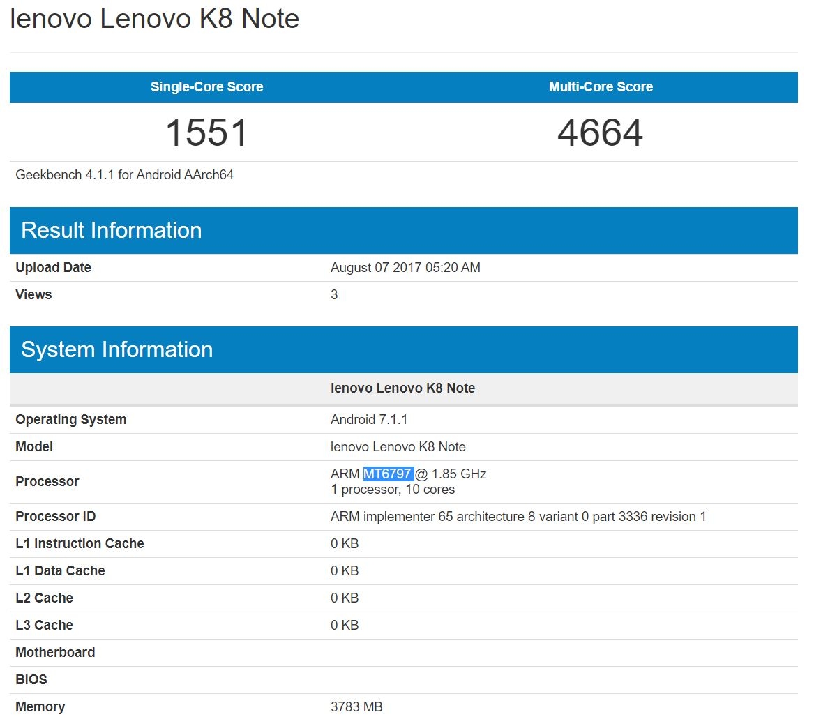 Lenovo K8 Note lộ diện trên Geekbench Lenovo K8 Note lộ diện trên Geekbench
