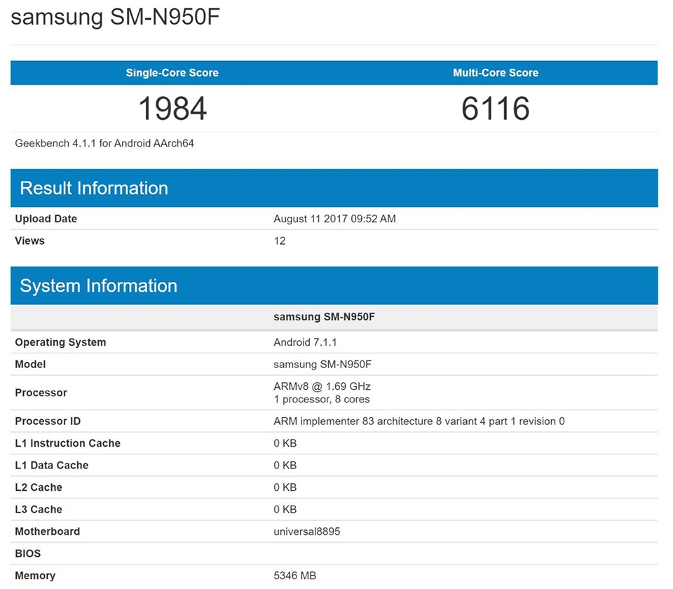 Galaxy Note 8 lộ cấu hình trên Geekbench