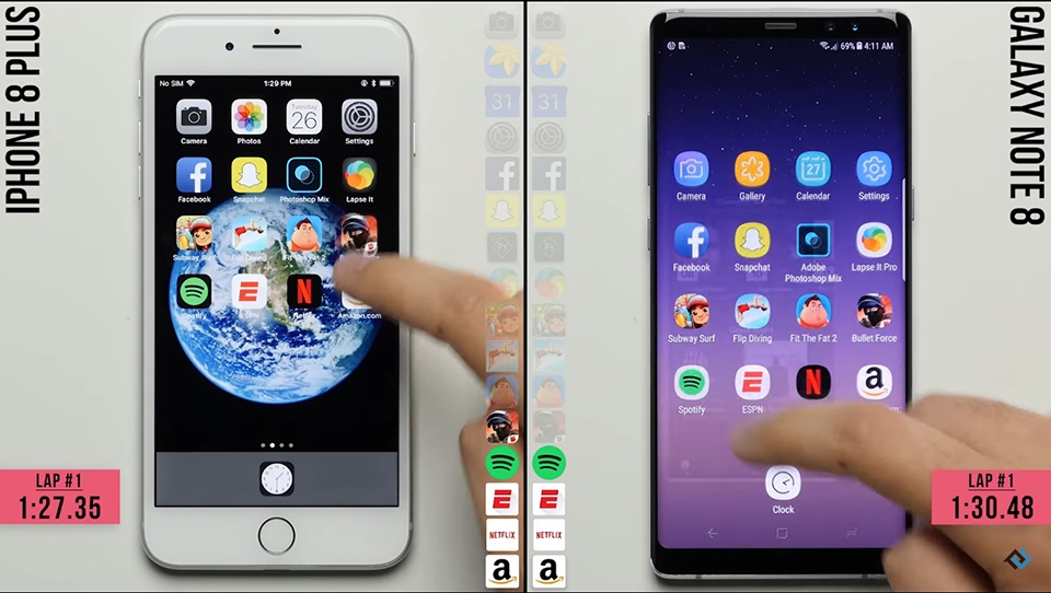 Đọ tốc độ Galaxy Note 8 và iPhone 8 Plus (ảnh 2)
