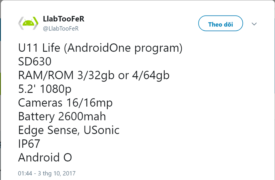 Rò rỉ cấu hình HTC U11 Life