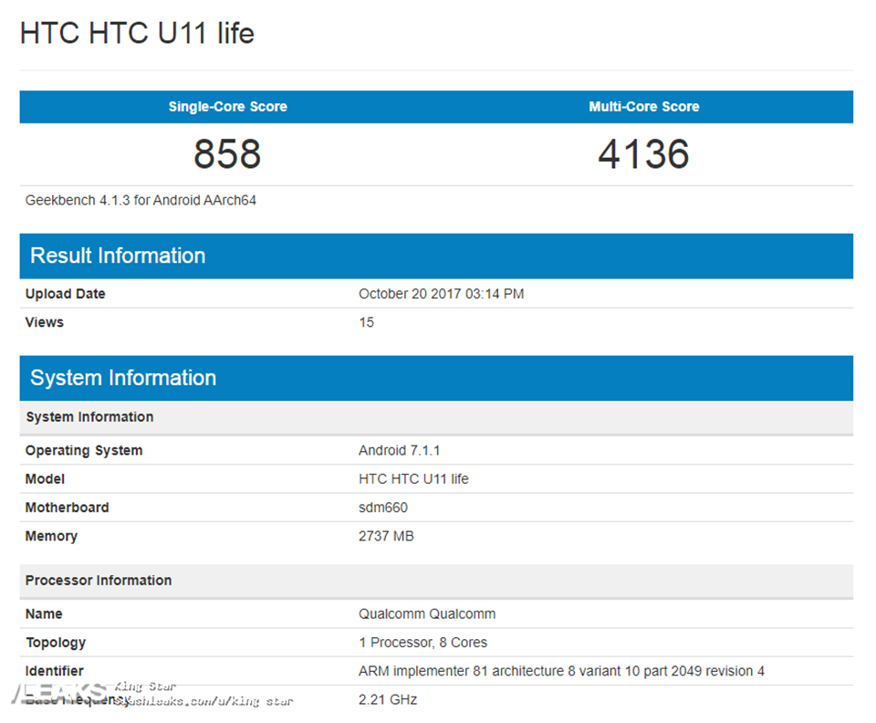 HTC U11 Life lộ cấu hình trên Geekbench