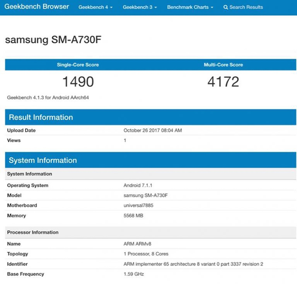 Galaxy A7 2018 lộ điểm hiệu năng trên Geekbench Galaxy A7 2018 lộ điểm hiệu năng trên Geekbench