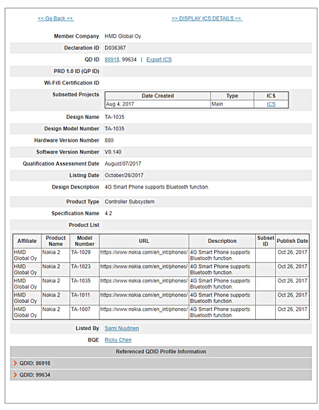 Nokia 2 đạt chứng nhận Bluetooth