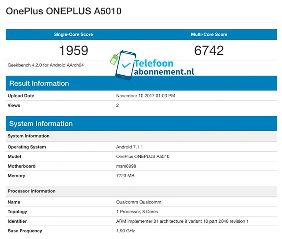 OnePlus 5T lộ điểm hiệu năng trên Geekbench