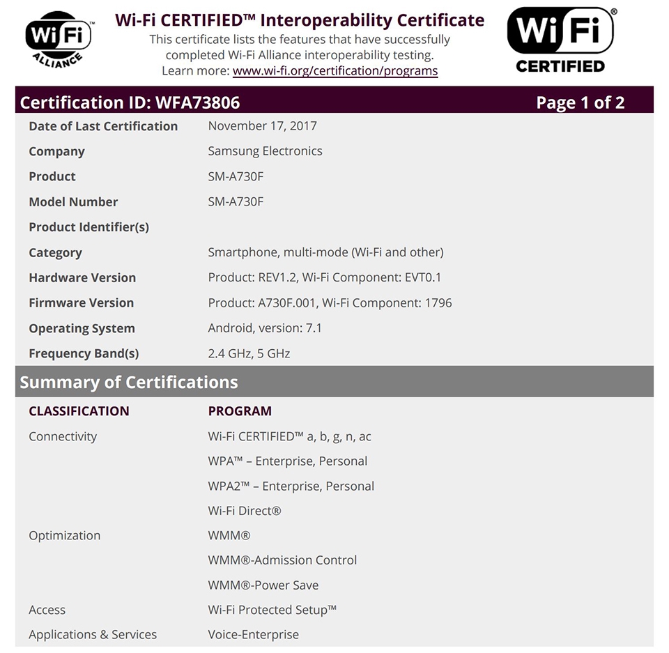 Galaxy A5 2018 vừa đạt chứng nhận Wifi (ảnh 1) Galaxy A5 2018 vừa đạt chứng nhận Wifi (ảnh 1)