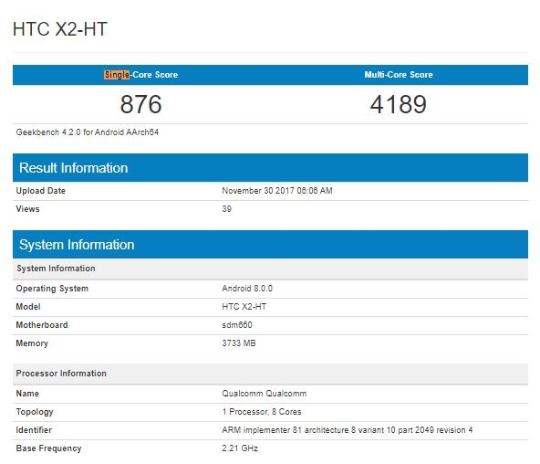 HTC U Play 2 lộ cấu hình trên Geekbench HTC U Play 2 lộ cấu hình trên Geekbench