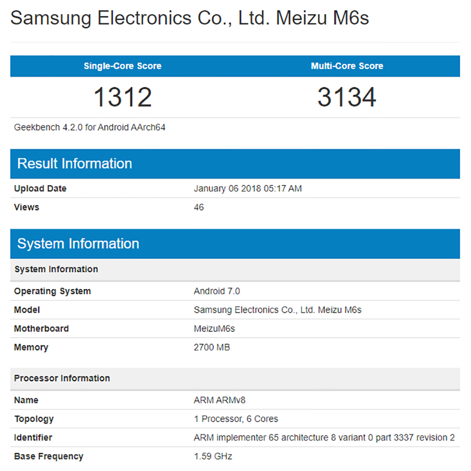 Meizu M6s lộ điểm hiệu năng trên Geekbench