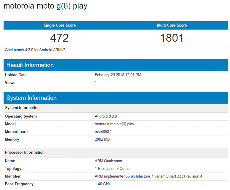 Moto G6 Play lộ cấu hình trên Geekbench Moto G6 Play lộ cấu hình trên Geekbench