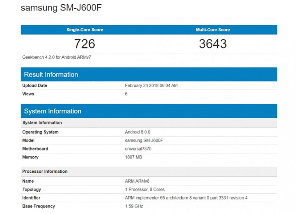 Galaxy J6 lộ cấu hình trên Geekbench Galaxy J6 lộ cấu hình trên Geekbench