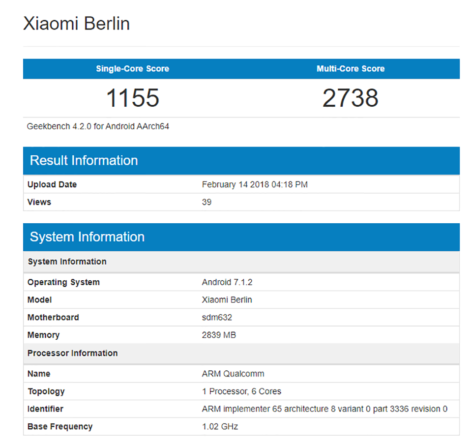 Xiaomi Berlin lộ cấu hình trên Geekbench Xiaomi Berlin lộ cấu hình trên Geekbench