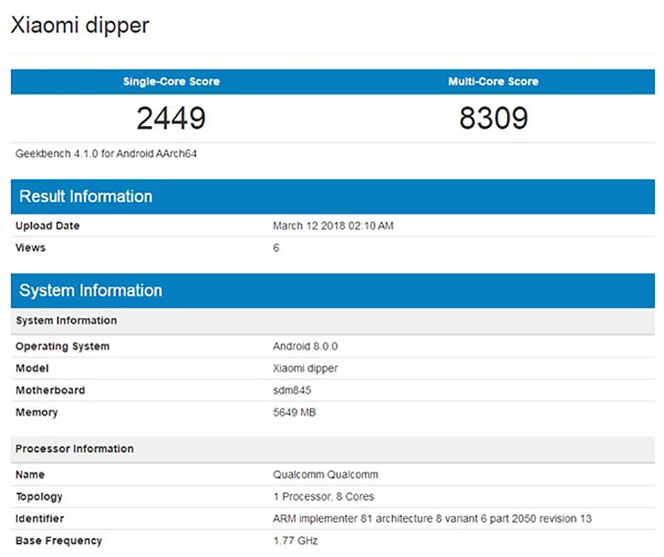 Xiaomi Mi 7 lộ cấu hình trên Geekbench Xiaomi Mi 7 lộ cấu hình trên Geekbench