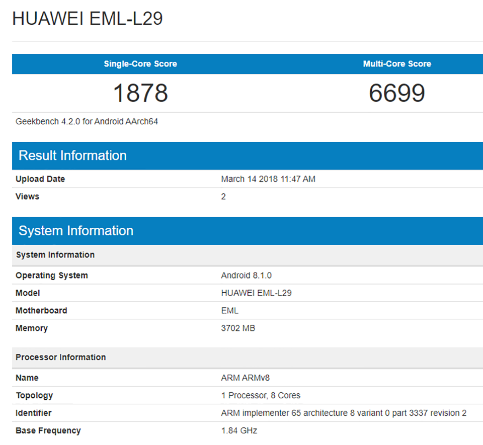 Huawei P20 lộ điểm hiệu năng trên Geekbench Huawei P20 lộ điểm hiệu năng trên Geekbench