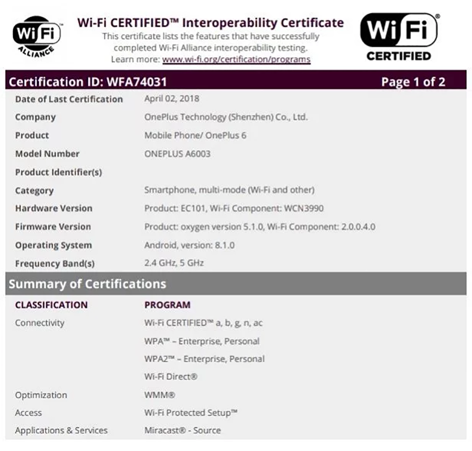 OnePlus 6 đạt chứng nhận Wifi