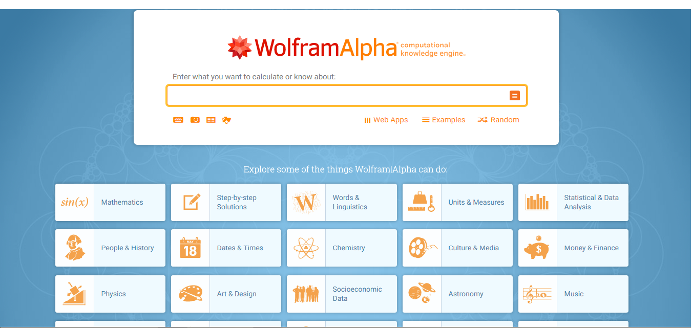 Giao diện chính của Wolfram Alpha Giao diện chính của Wolfram Alpha