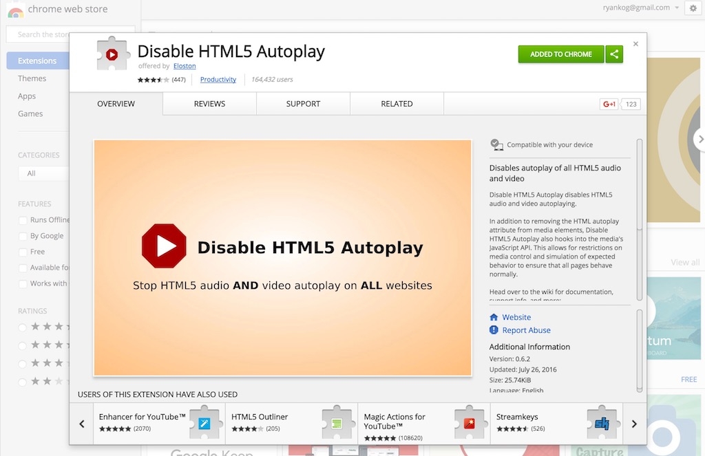 Giao diện để thêm tiện ích Disable HTML 5 Autoplay