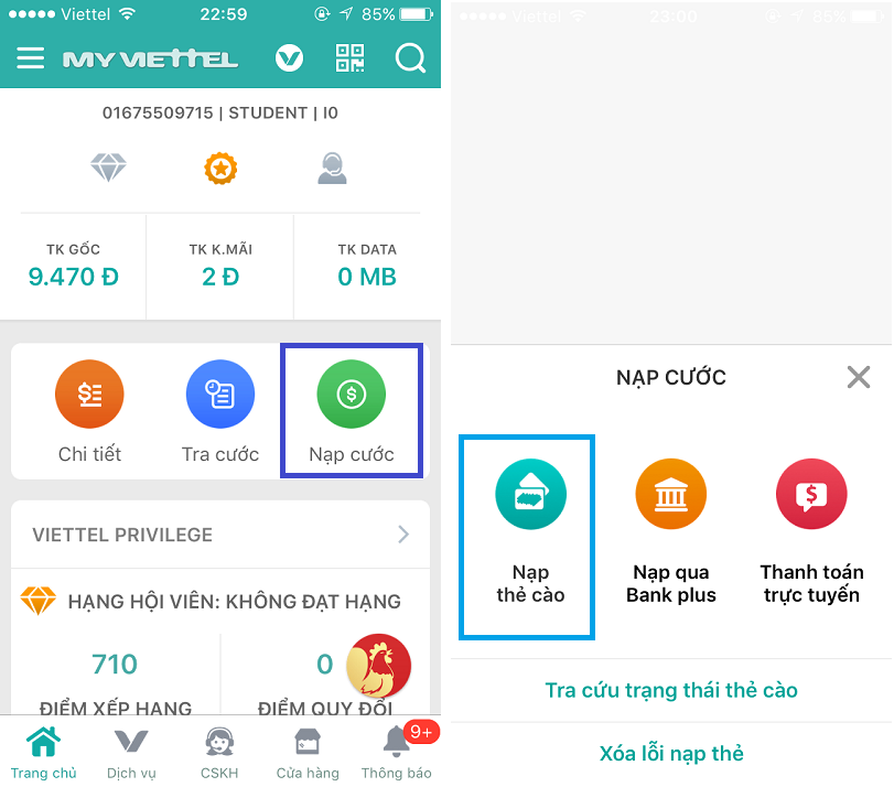 Chụp ảnh thẻ cào để nạp card cho thuê bao Viettel