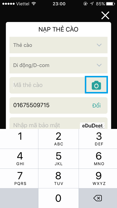 Chụp ảnh thẻ cào để nạp card cho thuê bao Viettel