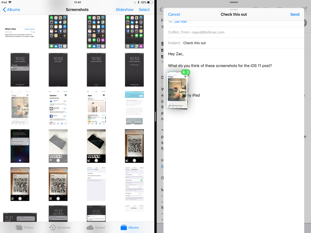 Kéo và thả: Trên iPad chạy iOS 11 người dùng có thể thoải mái kéo hình ảnh, tệp dữ liệu,… di chuyển qua lại giữa các ứng dụng như tin nhắc, Safari…