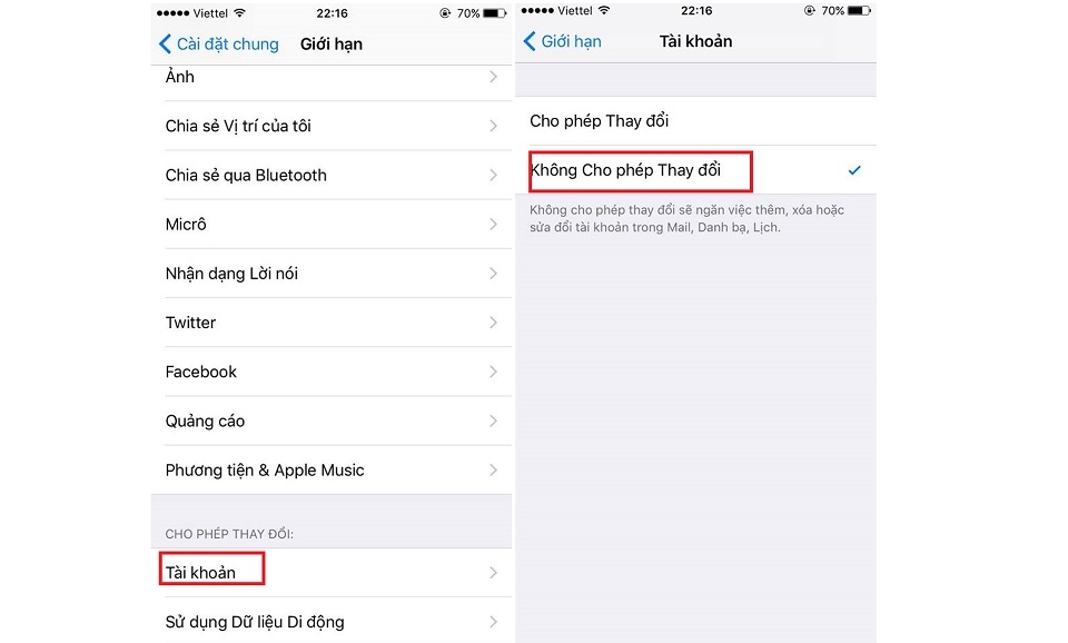 Vô hiệu hoá thay đổi tài khoản