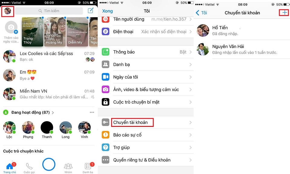 Chuyển đổi, thêm tài khoản trên Messenger