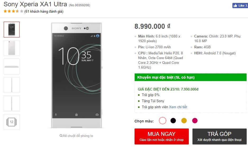 Xperia XA1 Ultra viền siêu mỏng, màn hình 6 inch, camera 16/23 MP giảm giá mạnh mẽ