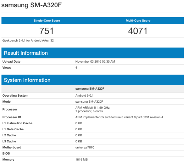 Galaxy A3 2017 tiếp tục rò rỉ cấu hình, điểm số sức mạnh trên GeekBench