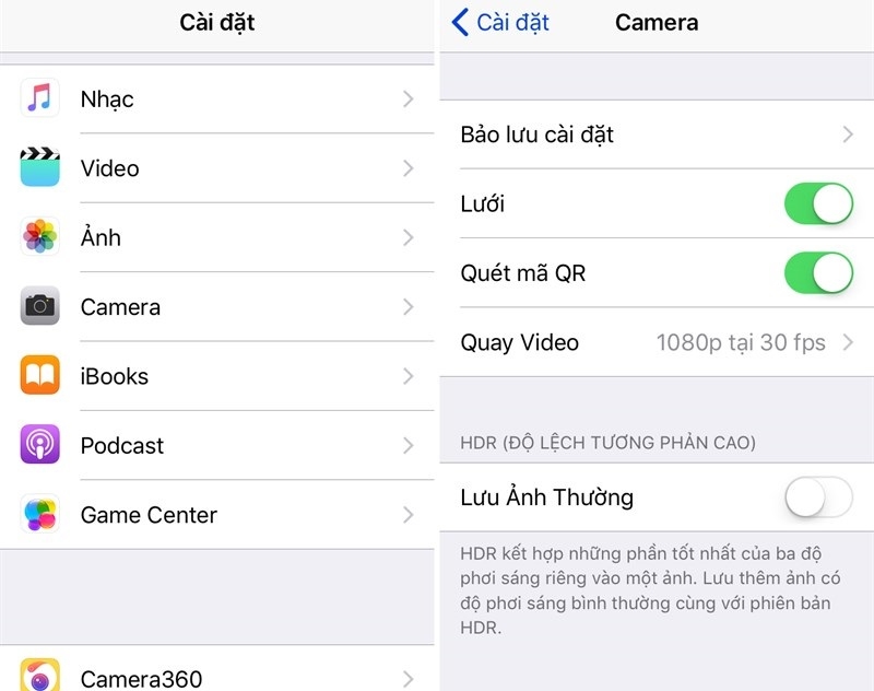 Thiết lập chế độ định dạng ảnh HEIF