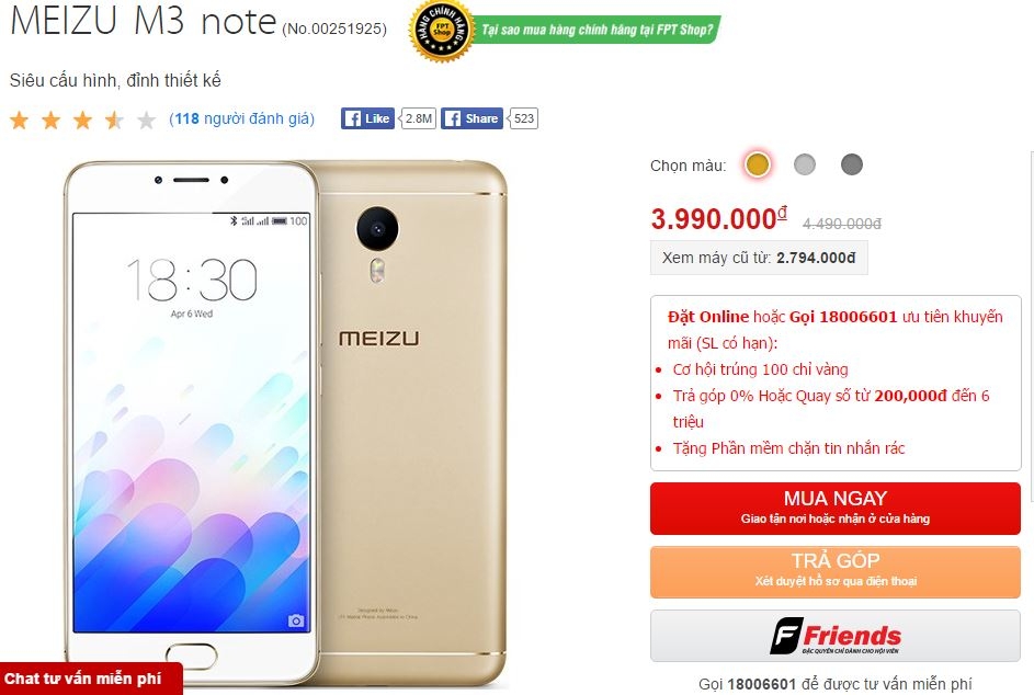 Meizu M3 Note vỏ kim loại cao cấp, RAM 3GB, pin 4.100mAh giảm giá mạnh