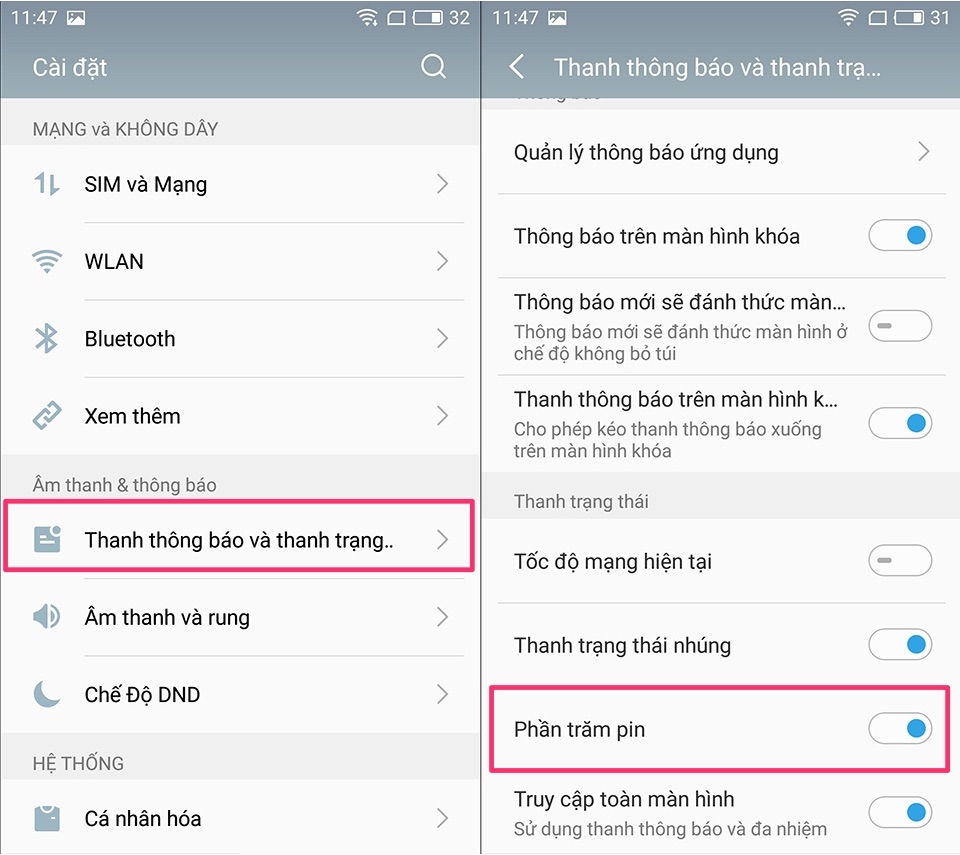 Bật phần trăm pin Bật phần trăm pin