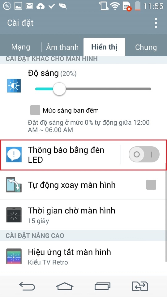 Bạn truy cập Cài đặt > Hiển thị > Thông báo bằng đèn LED.