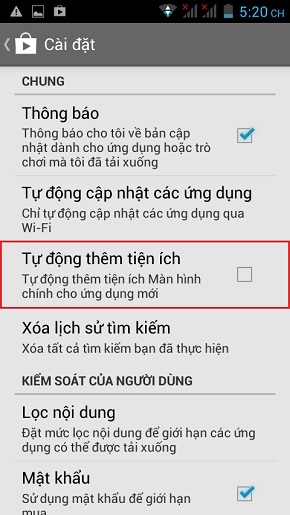 Tắt tự động thêm Shortcuts vào màn hình chủ sau khi cài ứng dụng trên Mobiistar Touch Bean 452C