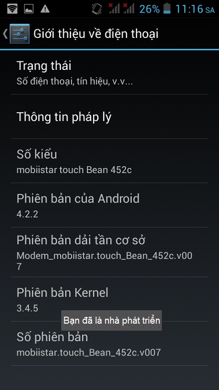 Kích hoạt cài đặt tùy chọn nhà phát triển trên Mobiistar Touch Bean 452C