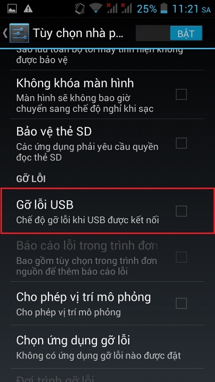 Bật chế độ gỡ lỗi USB trên Mobiistar Touch Bean 452C