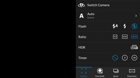 Giao diện ứng dụng camera trên BlackBerry Leap
