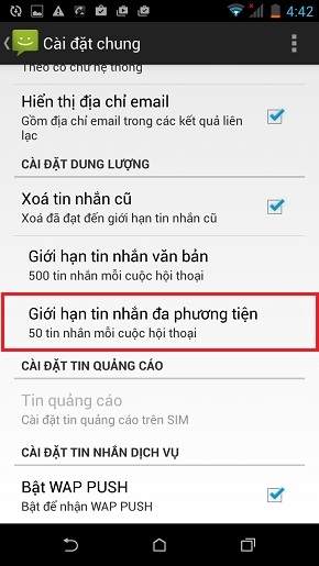 Chọn Giới hạn tin nhắn đa phương tiện.