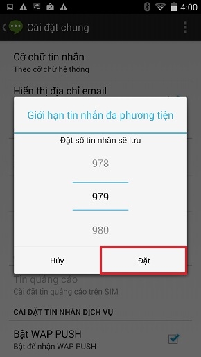 Chọn số lượng tin nhắn bạn muốn giới hạn lưu, chọn Đặt.