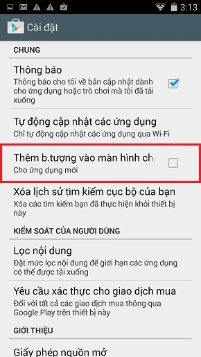 Bỏ chọn Thêm b.tượng vào màn hình chính.