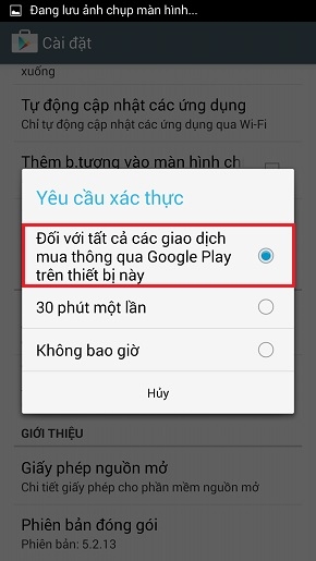 Chọn Đối với tất cả các giao dịch mua thông qua Google Play trên thiết bị này.
