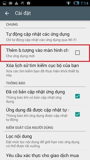 Bỏ chọn Thêm b.tượng vào màn hình chính.
