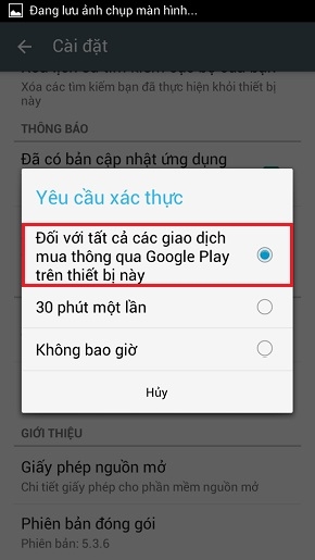 Chọn Đối với tất cả các giao dịch mua thông qua Google Play trên thiết bị này.