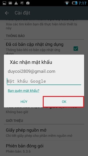 Nhập mật khẩu tài khoản Play Store của bạn, chọn “OK”.
