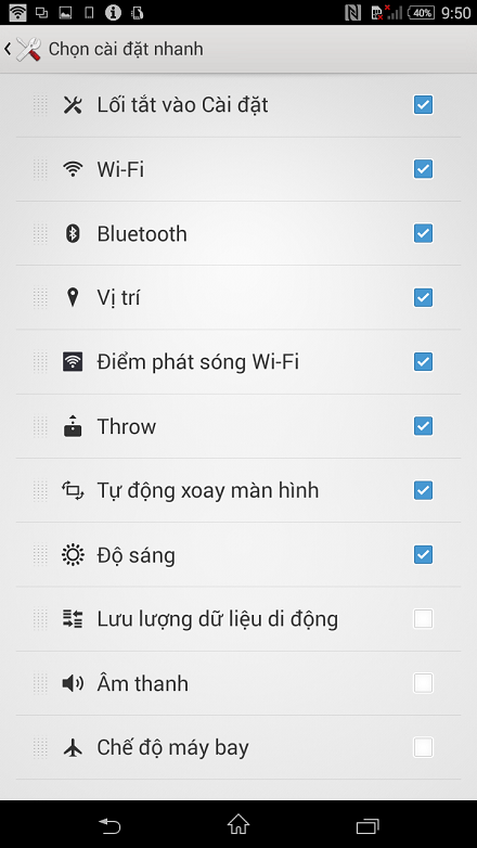 Chọn các công vụ và các mục hiển thị trên cửa sổ cài đặt nhanh.